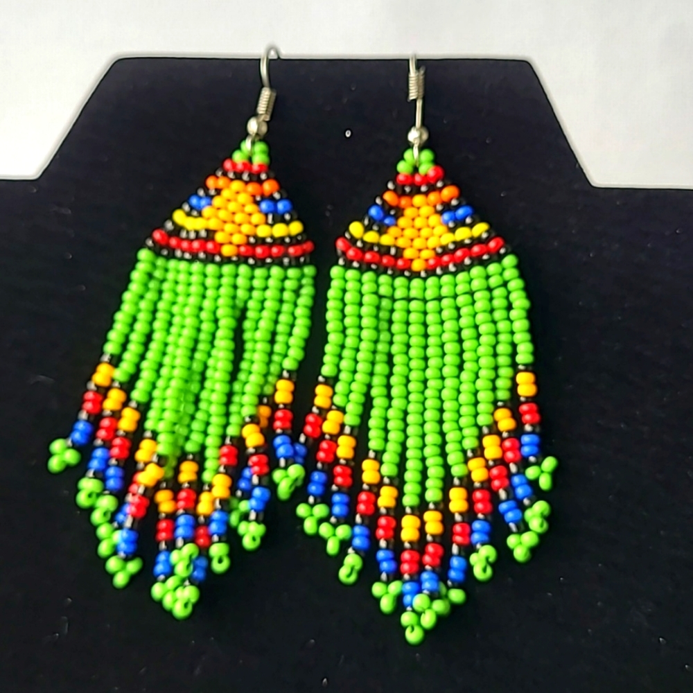 Earrings, African earrings, Ankara earrings, Beaded earrings, Green earrings